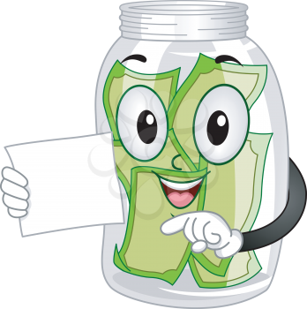 Mascot Illustration of a Tip Jar with a Couple of Bills Inside
