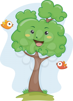 Mascot Illustration of a Happy Tree Surrounded by Birds