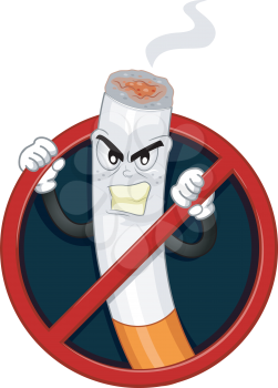 Mascot Illustration of an Angry Cigarette Locked Inside a No Smoking Sign
