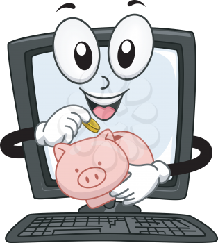Mascot Illustration of a Computer Monitor Dropping Coins in a Piggy Bank