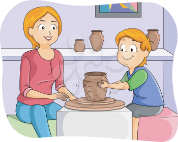 Illustration of a Little Boy Taking Pottery Lessons