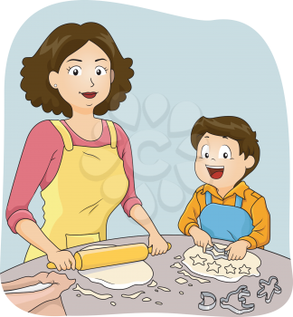Illustration of a Mother Teaching Her Son How to Bake