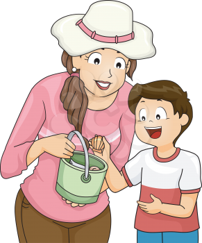 Illustration of a Little Boy Picking Seashells with His Mom