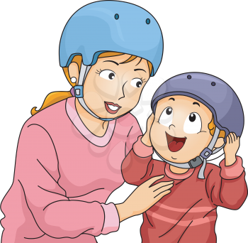 Illustration of a Mother Helping Her Little Son to Put on His Helmet