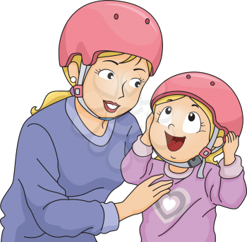 Illustration of a Mother Helping Her Daughter Put Her Helmet On