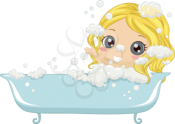 Illustration of a Little Girl Enjoying a Bubble Bath