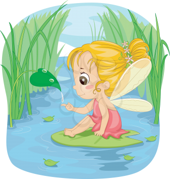 Illustration of a Little Girl Dressed as a Fairy Sitting on a Lotus Leaf
