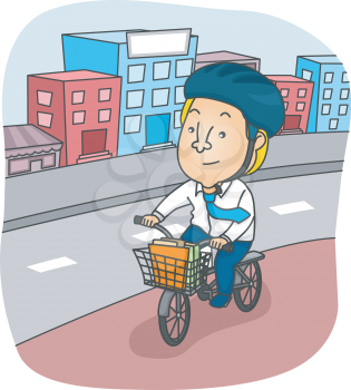 Illustration of a Man Riding His Bicycle Around the City