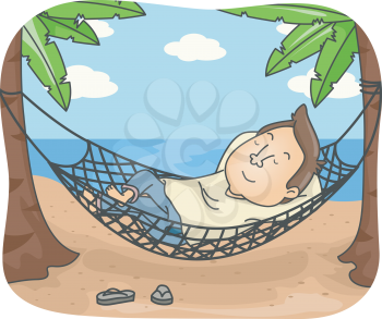 Illustration of a Man Sleeping on a Hammock by the Beach