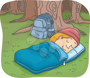 Illustration of a Man Sleeping in a Sleeping Bag While Camping in the Woods