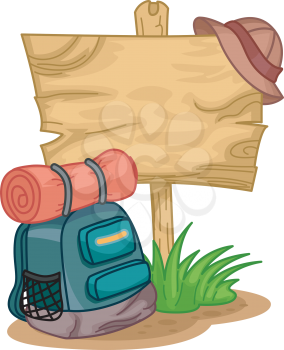 Illustration of a Camping Bag Sitting Beside a Wooden Sign