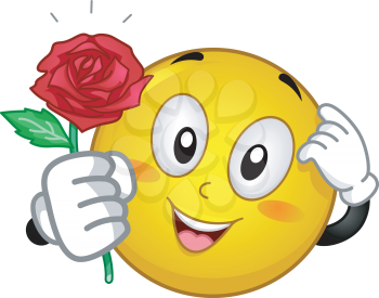 Mascot Illustration of an Embarrassed Smiley Giving a Red Rose