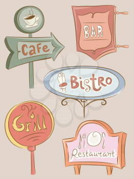 Illustration of a Collection of Sign Boards for Different Food Establishments