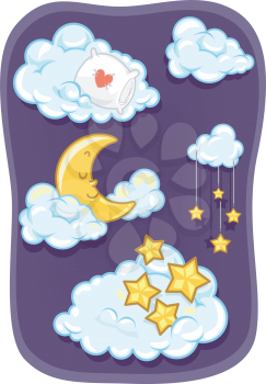 Illustration of the Moon and the Stars Sleeping on the Clouds