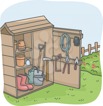 Illustration of an Open Shed Full of Gardening Tools
