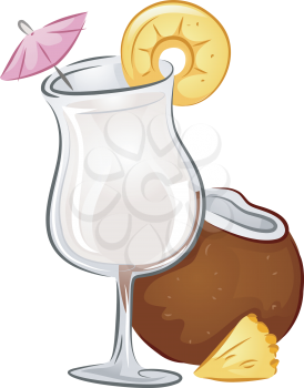 Illustration of a Pina Colada drink with Coconut and Pineapple