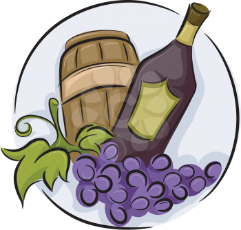 Illustration of a Wine Icon consisting of Grapes Wine Barrel and Bottle