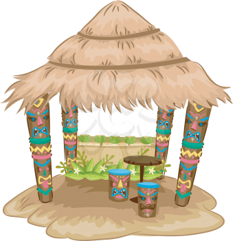 Illustration of a Tiki-themed Hut with Tiki Face Stools and Support Posts