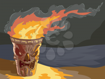 Illustration of a lighted Tiki themed Torch by the beach