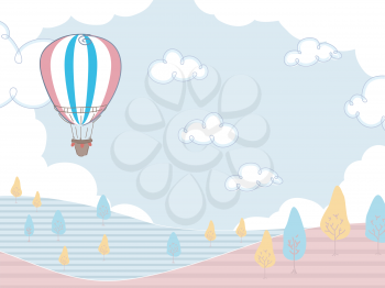 Illustration of a Hot Air Balloon Hovering Over a Field