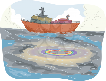 Illustration of Large Pools of Oil Spill Spotted Near a Cargo Ship