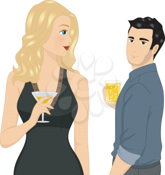 Illustration of a Man holding a Glass of Beer looking at a Girl holding a Cocktail Drink