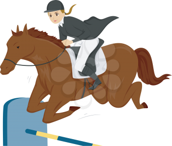 Illustration of a Teen Girl on a Horse jumping over a Vertical Fence