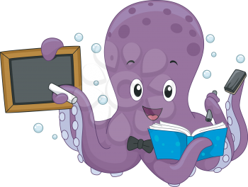 Illustration of an Octopus Writing on a Board While Reading a Book