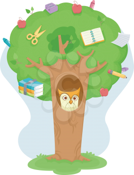 Illustration of an Owl Inside a Tree Decorated with Education Related Items