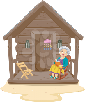 Illustration of an Elderly Woman Reading a Book in the Porch of Her Log Cabin