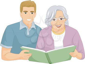 Illustration of a Caregiver Helping an Elderly Woman to Read a Book