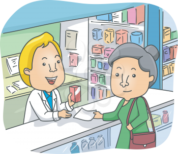 Illustration of an Elderly Woman Buying Medicine in a Pharmacy
