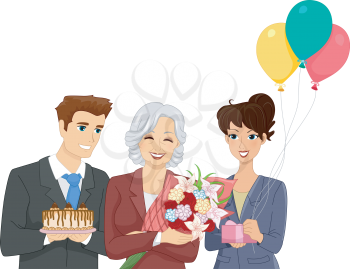 Illustration of Office Workers Throwing a Retirement Party for Their Elderly Co Worker