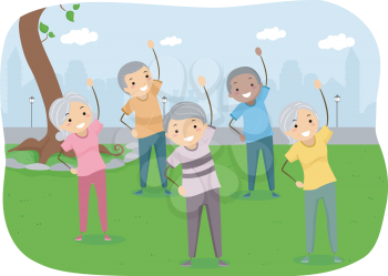Stickman Illustration of Senior Citizens Exercising in the Park