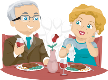 Illustration of an Elderly Couple Eating at a Fine Dining Restaurant