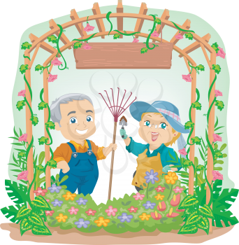 Illustration of an Elderly Couple Tending to Their Garden