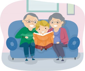 Stickman Illustration of a Pair of Grandparents Reading a Book to Their Grandson