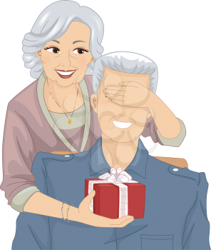 Illustration of an Elderly Woman Surprising an Elderly Man with a Gift