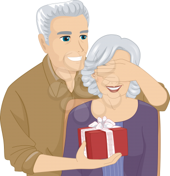 Illustration of an Elderly Man Surprising an Elderly Woman with a Gift