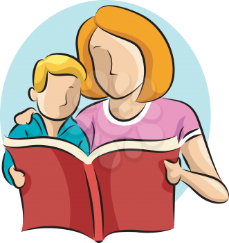 Illustration of a Mother Reading a Book to Her Son