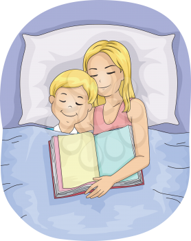 Illustration of a Mother Who Fell Asleep After Reading a Book to Her Son