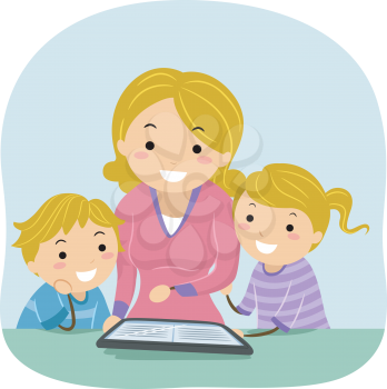 Stickman Illustration of a Mother Reading an E-book to Her Kids