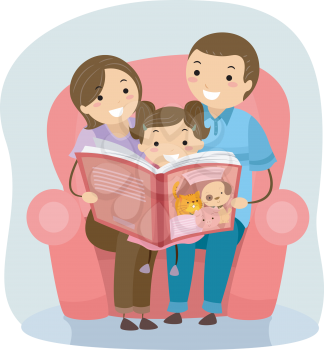 Stickman Illustration of a Family Reading a Book Together