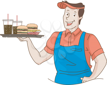 Retro Illustration of a Waiter Holding a Tray of Fast Food