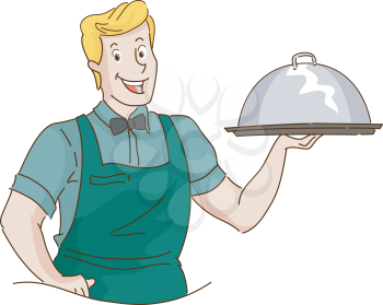Retro Illustration of a Waiter Carrying a Food Dome