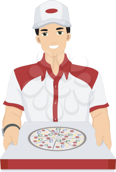 Illustration of a Delivery Guy Handing Over a Box of Pizza