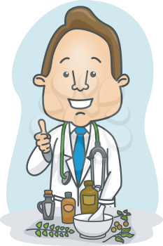 Illustration of a Male Doctor Doing the Thumbs Up in Front of Herbal Medicines