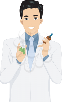 Illustration of a Man Holding a Bottle of Capsule in One Hand a Vial of Medicine in the Other