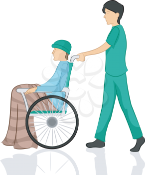 Illustration of a Male Nurse Pushing His Patient's Wheelchair