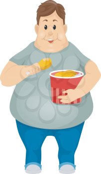 Illustration of an Obese Man Eating Fried Chicken Out of a Bucket